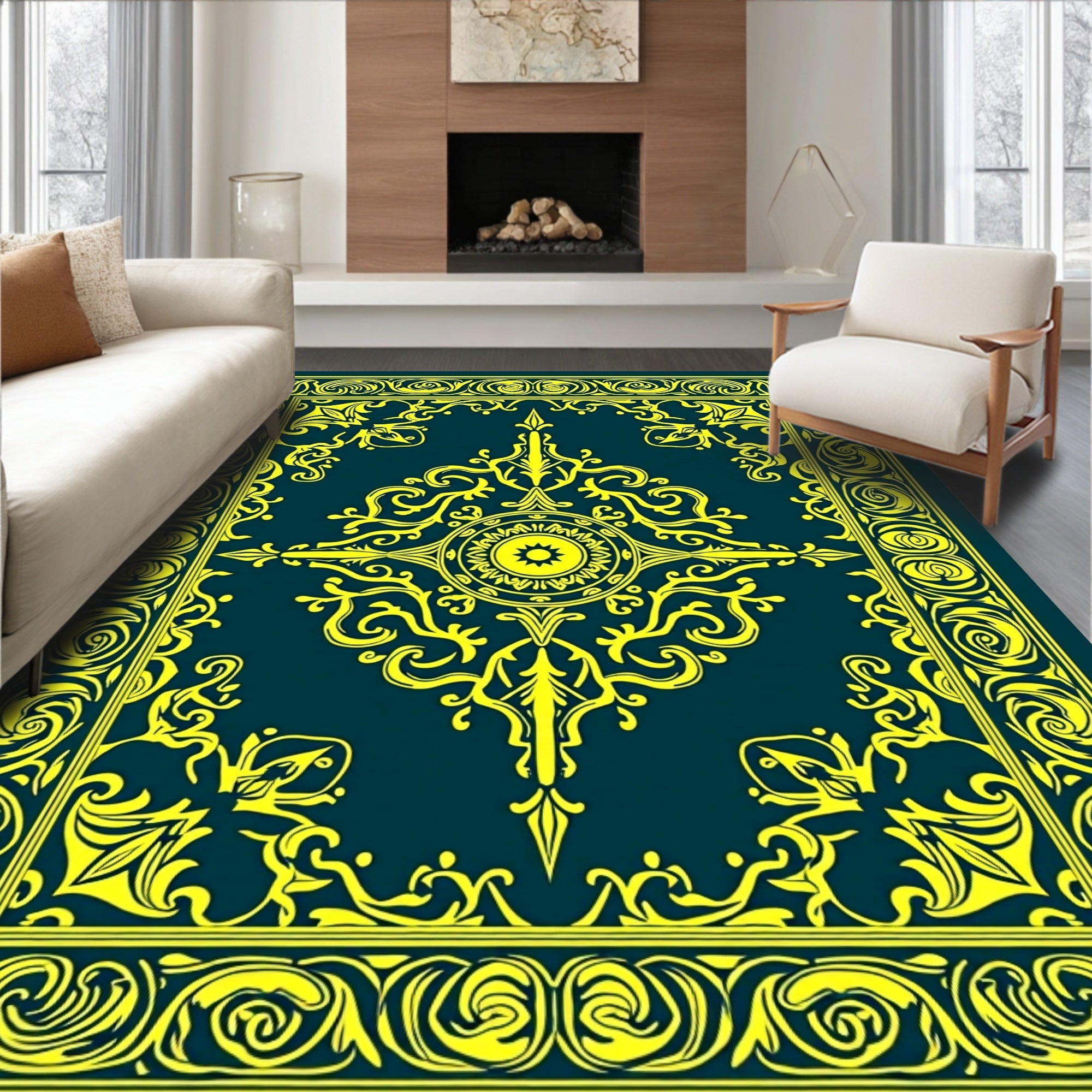 Yellow Floral Inlay Pattern Rug