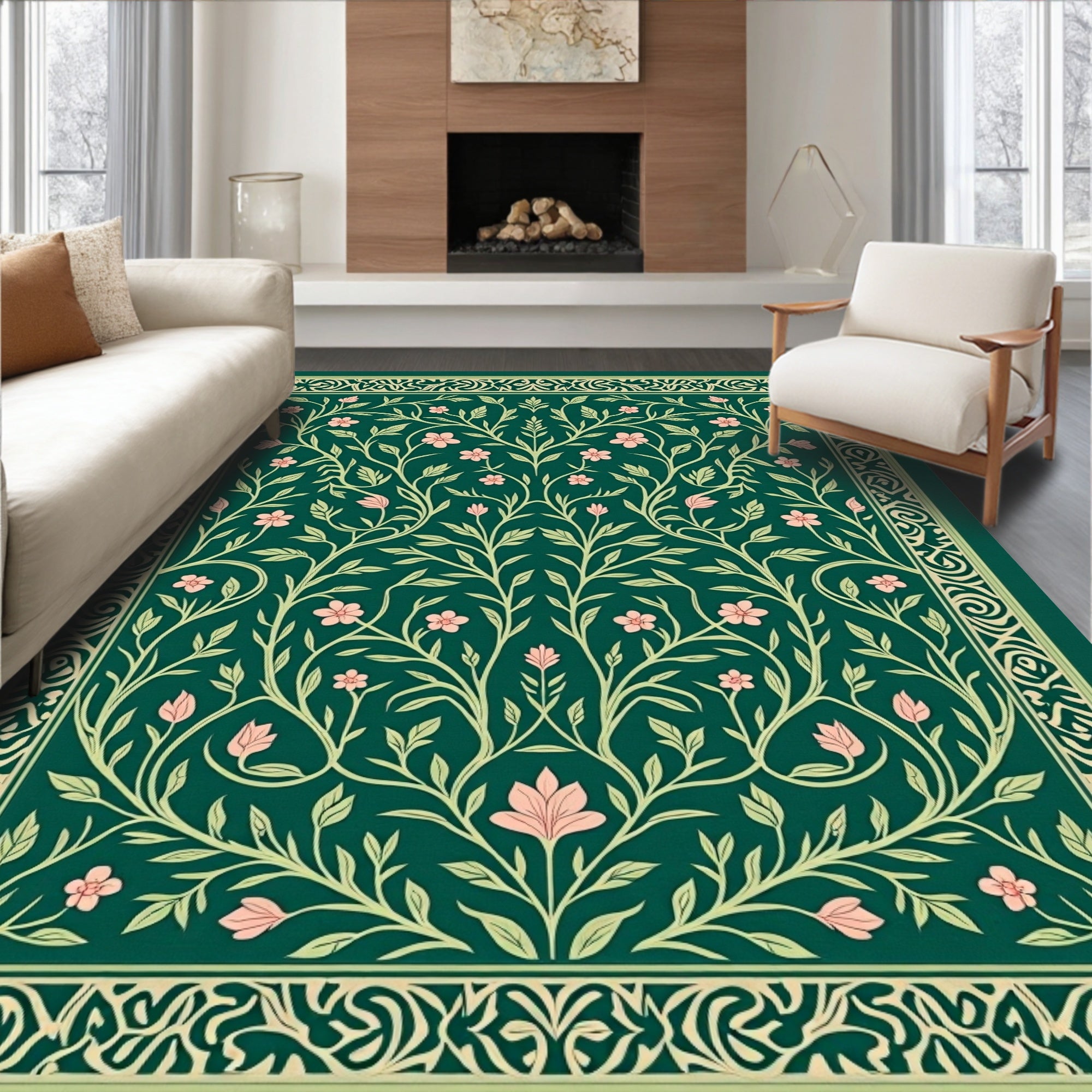 Dark Green Floral Vines Pattern Rug