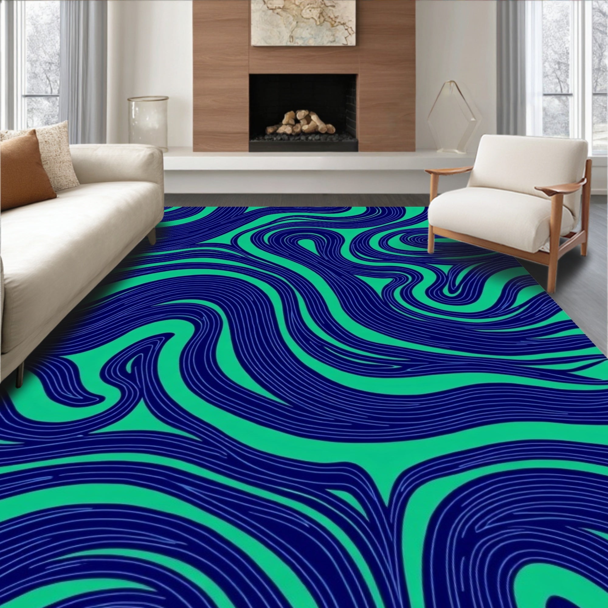 Organic Swirl Navy and Green Pattern Rug