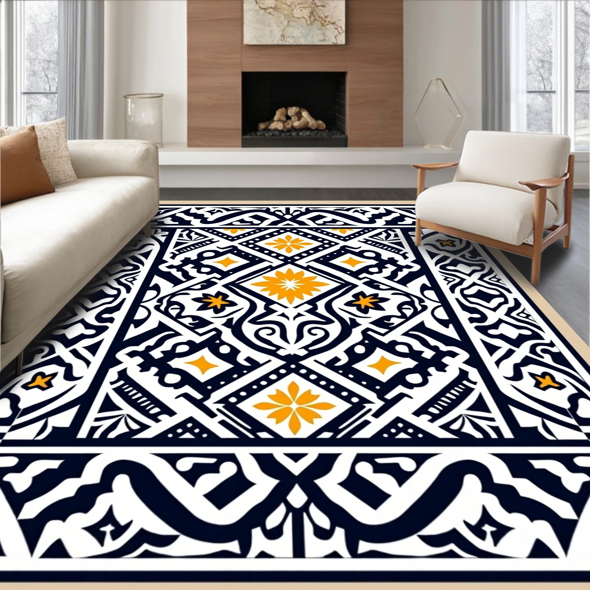 Ornate Black White Yellow Floral Pattern Rug