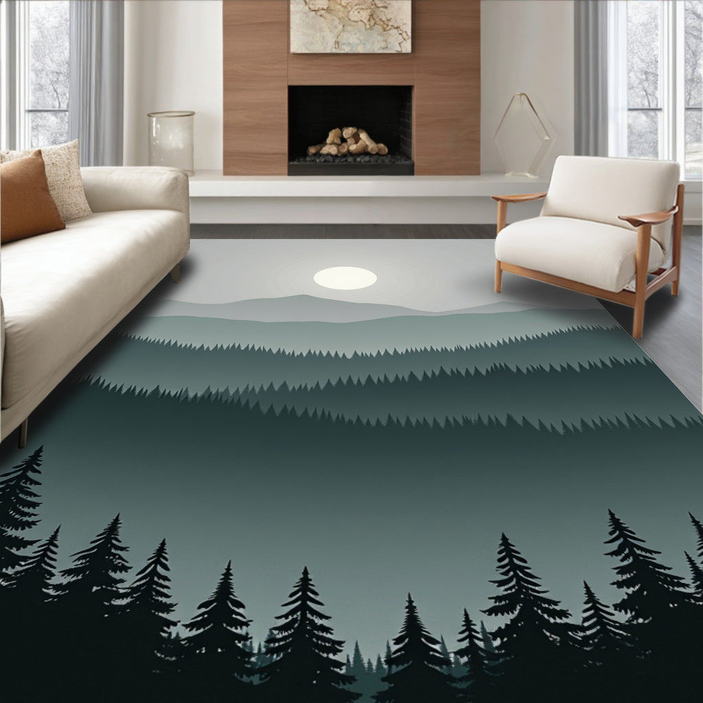 Misty Forest Mountain Landscape Rug