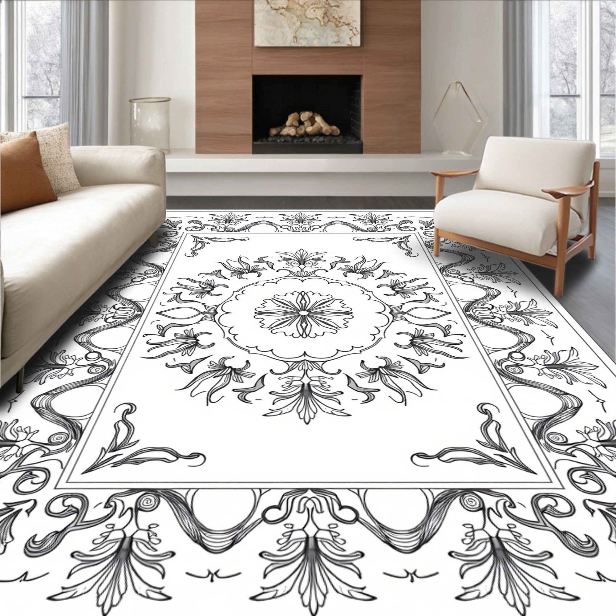 Ornate Floral Scrollwork Panel Design Rug