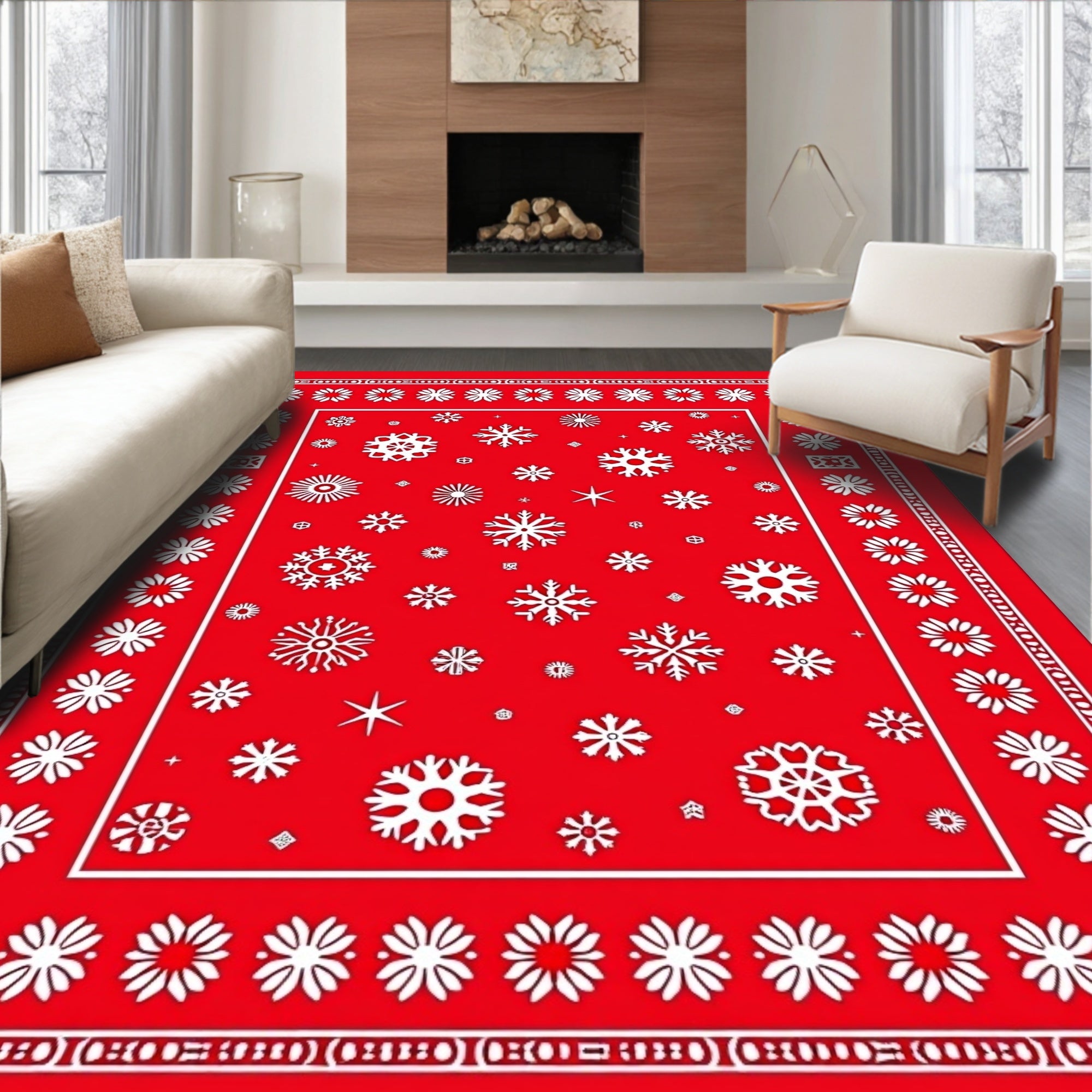Crimson Snowflakes Border Rug