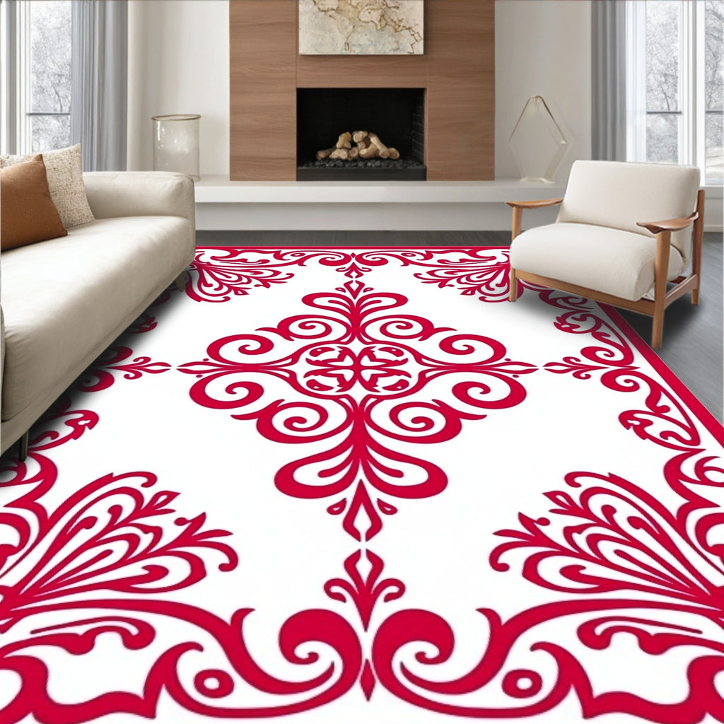 Vibrant Red Ornate Scrollwork Design Rug