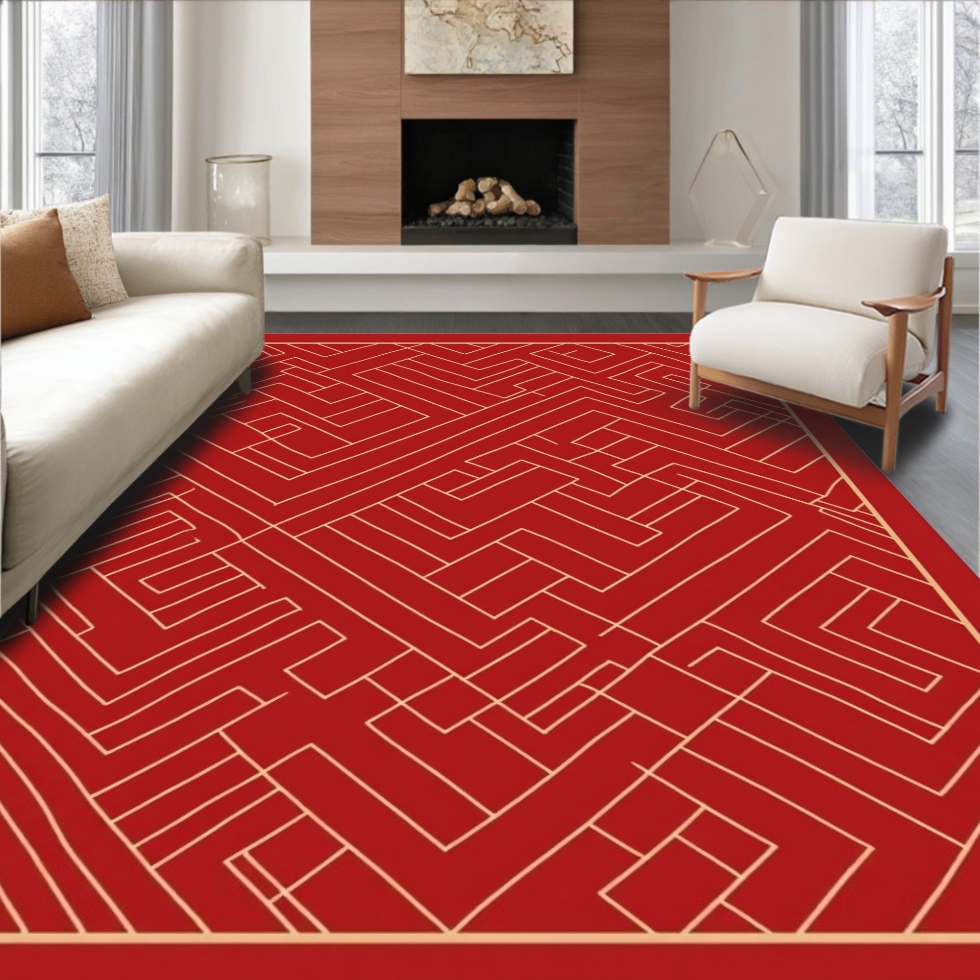 Red Gold Abstract Geometric Labyrinth Rug
