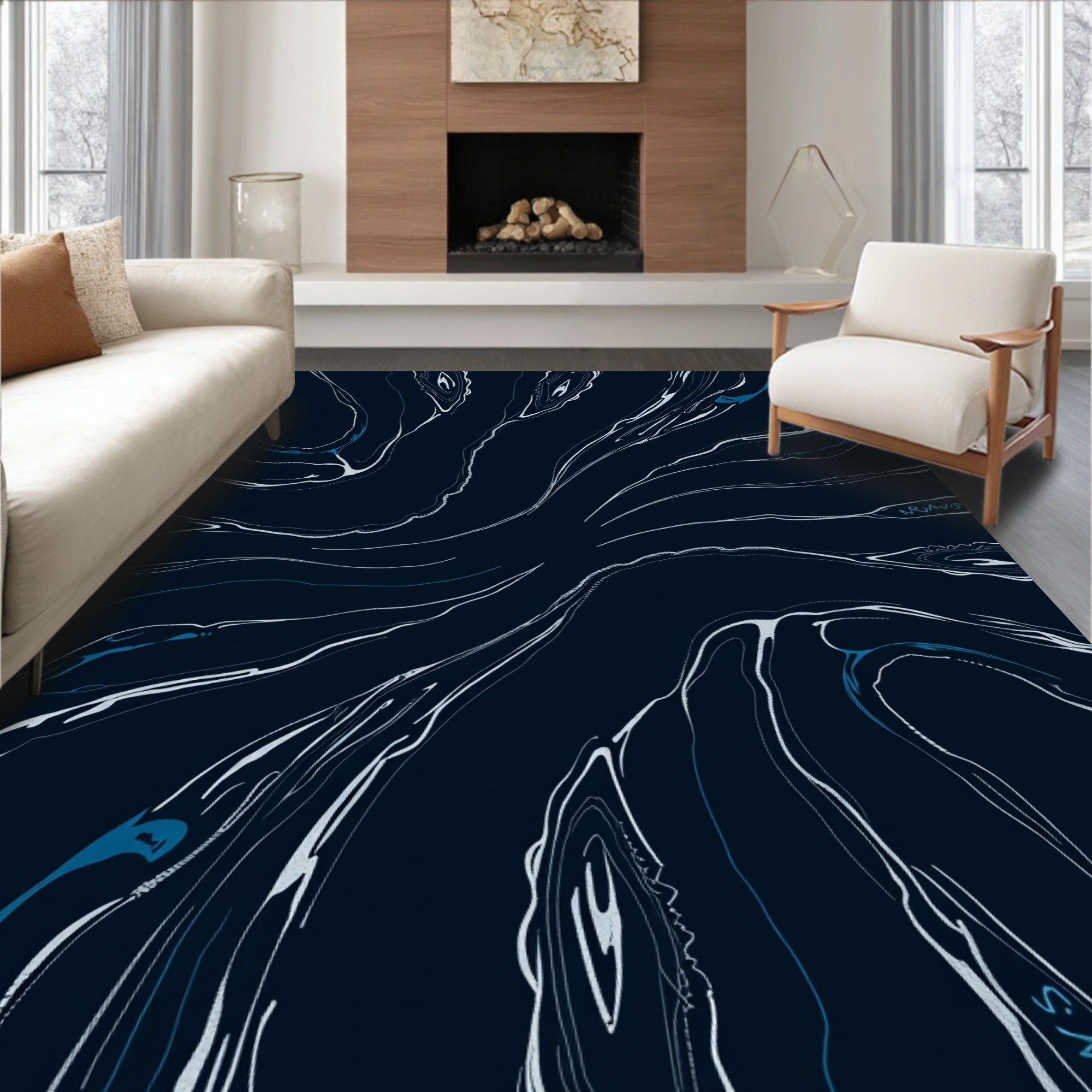 Dark Blue Swirl Organic Abstraction Rug
