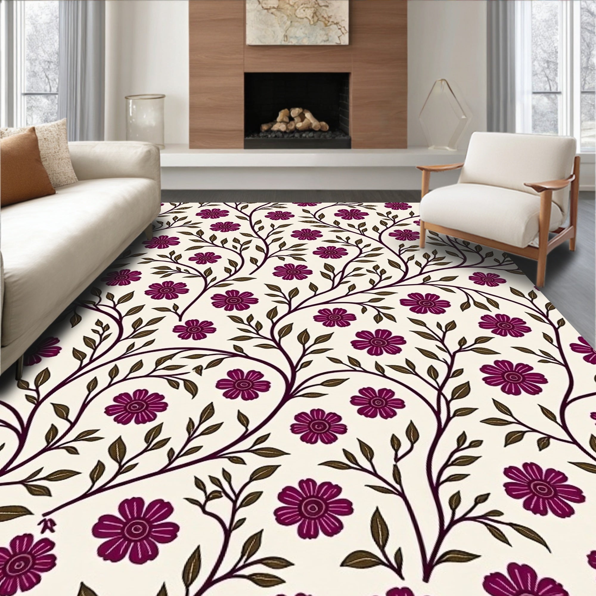Floral Vines Pattern With Purple Flowers Rug