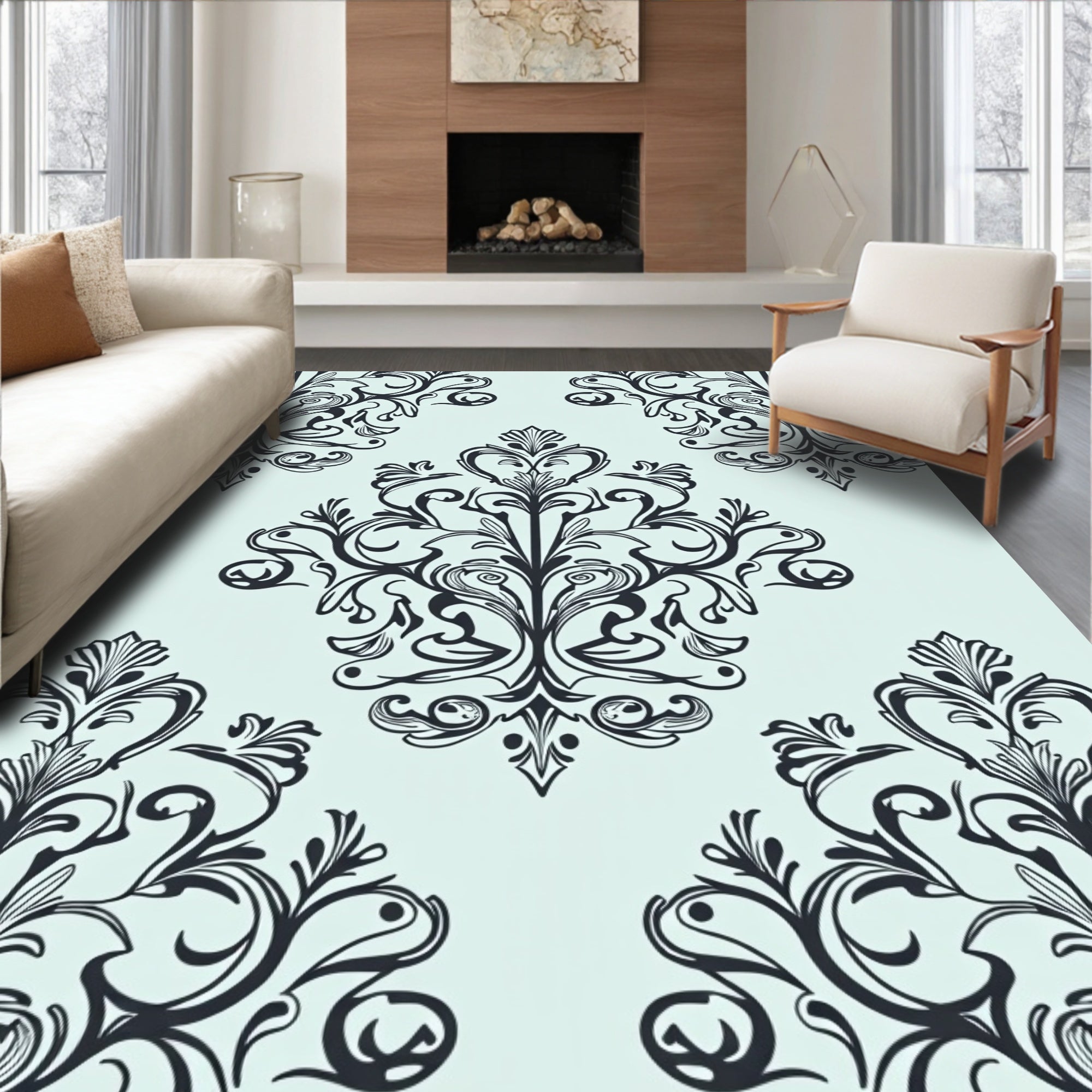 Classic Black Damask Floral Pattern Rug