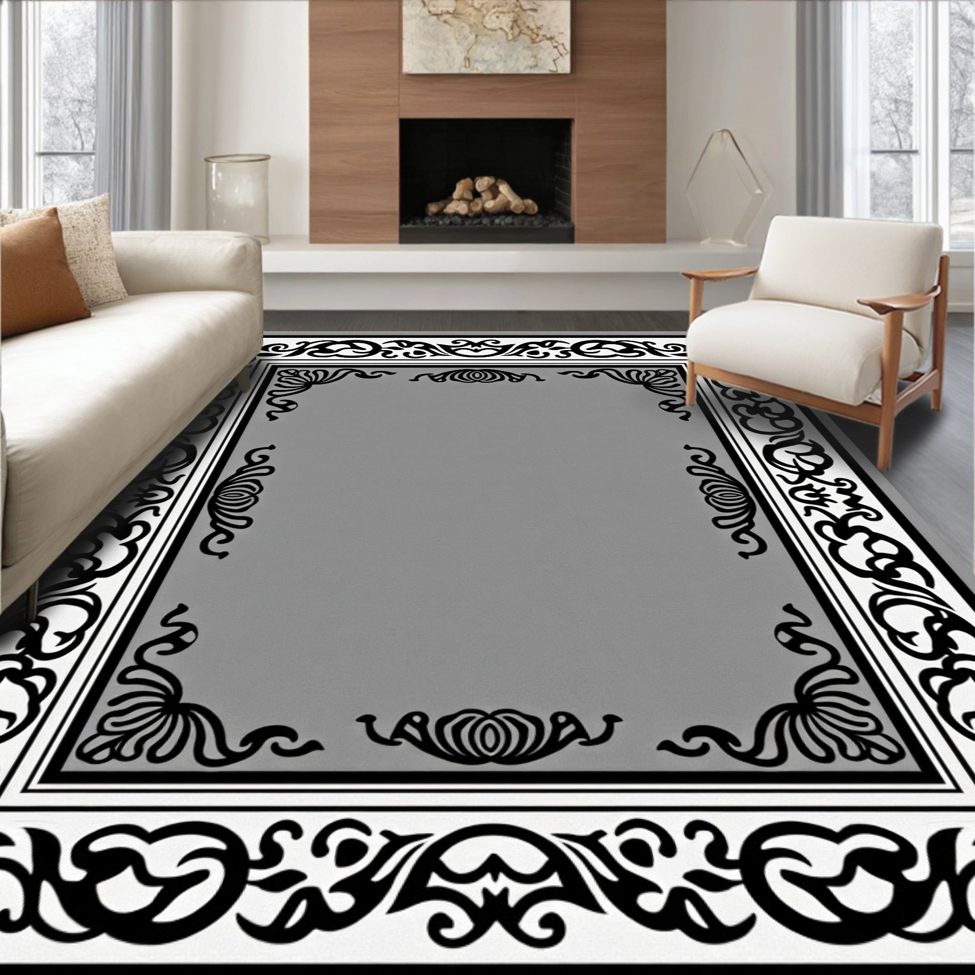Ornate Floral Scroll Work Border Rug