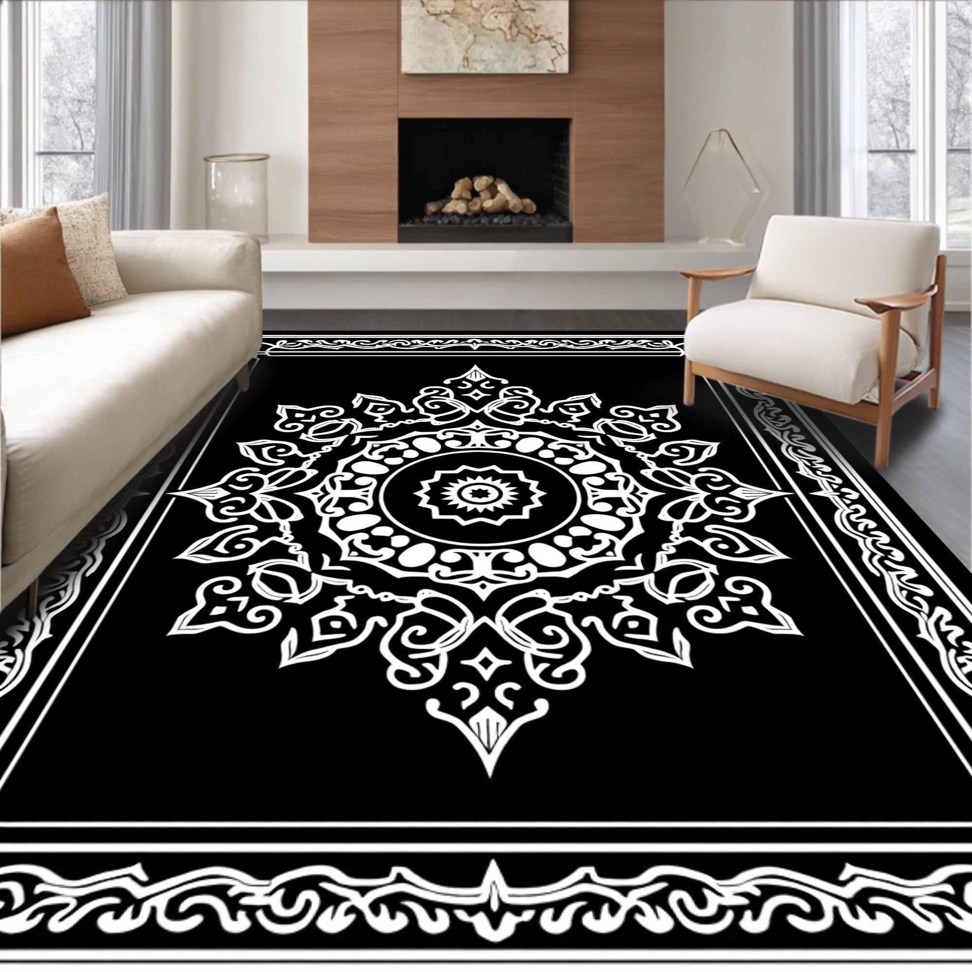 Intricate Mandala Floral Black White Rug