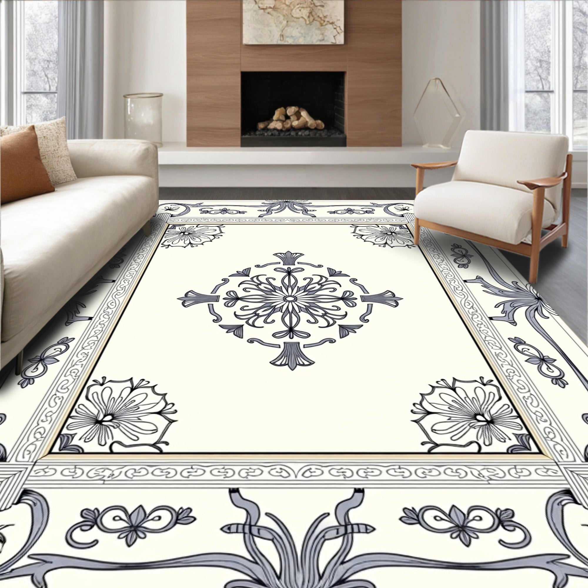Ornate Floral Border Centerpiece Design Rug