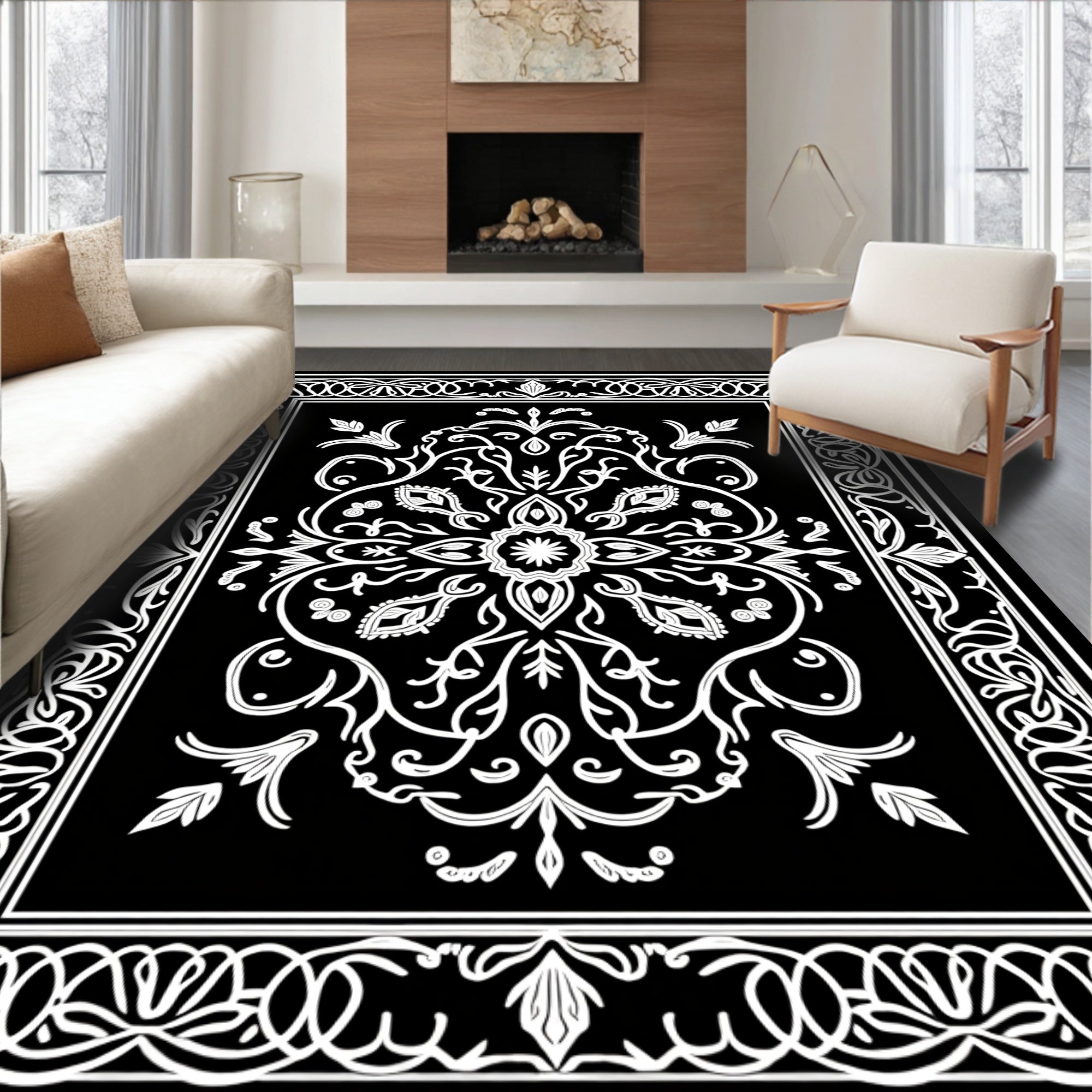 Ornate Black White Mandala Design Rug