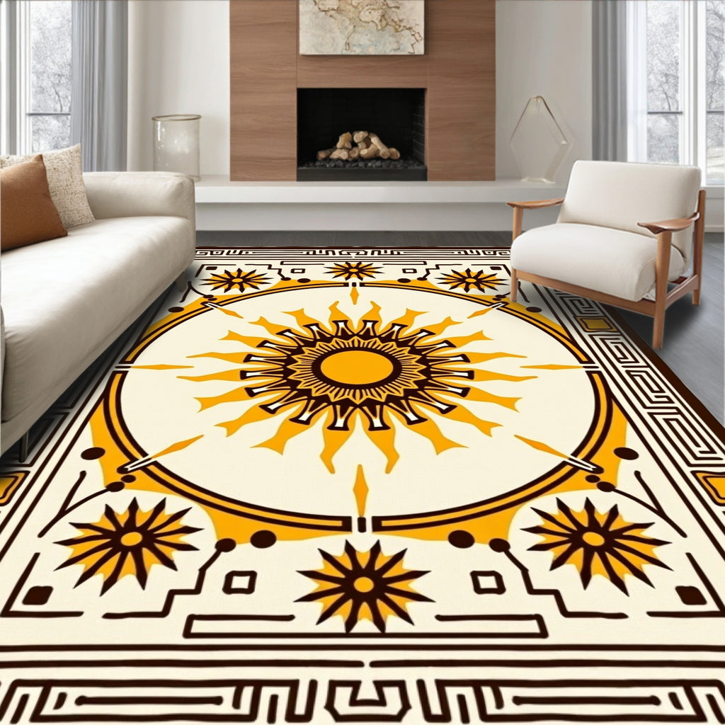 Golden Sunburst With Geometric Border Rug