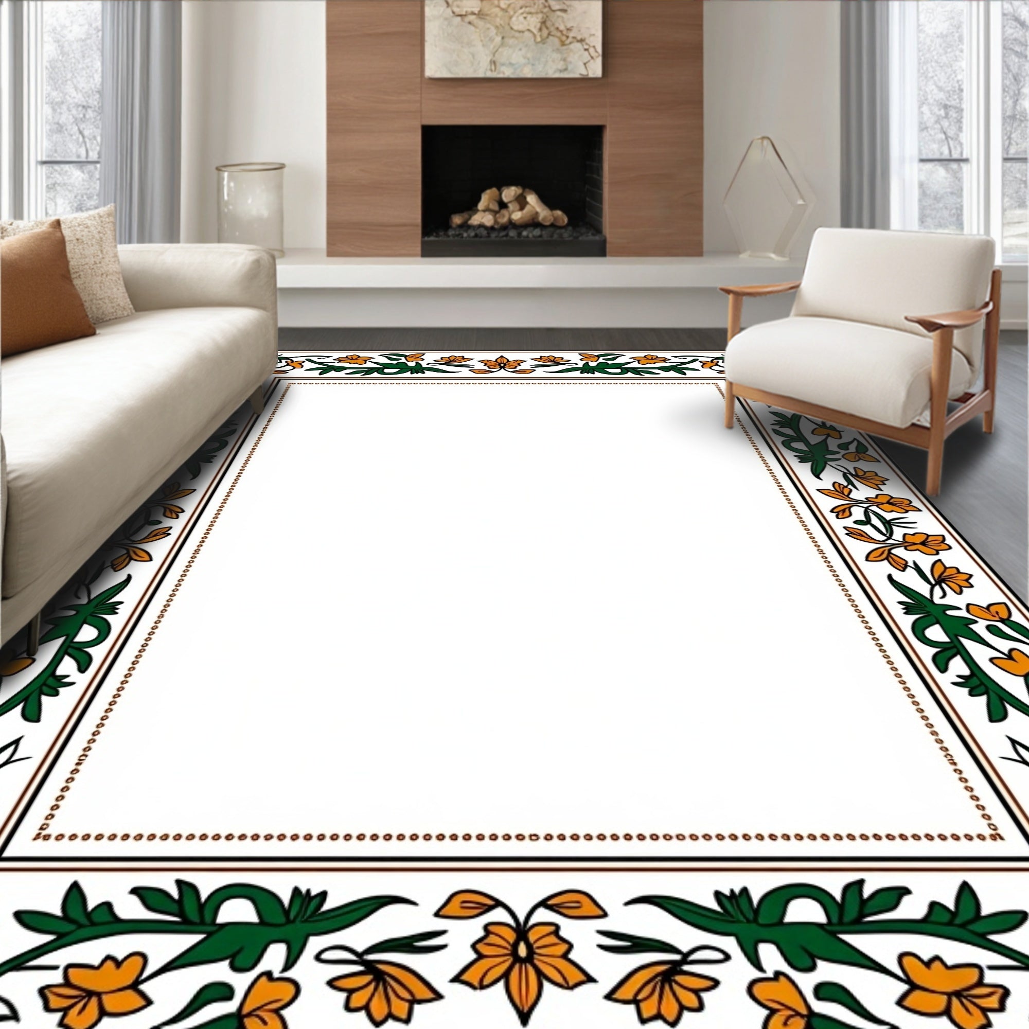 Ornate Floral Vine Border Design Rug