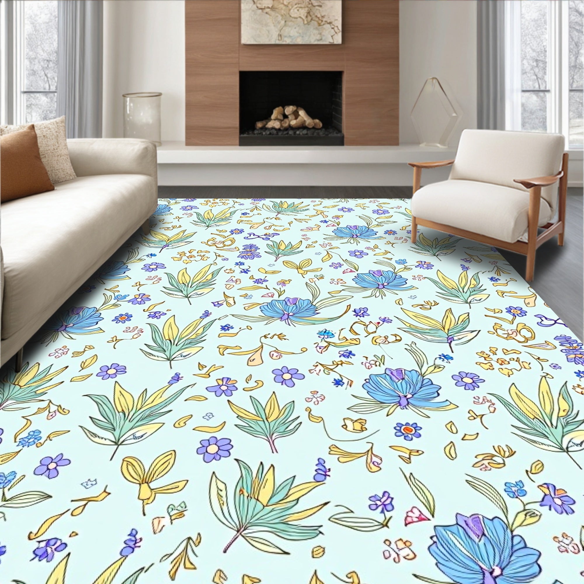 Whimsical Floral Pattern With Blue Accents Rug