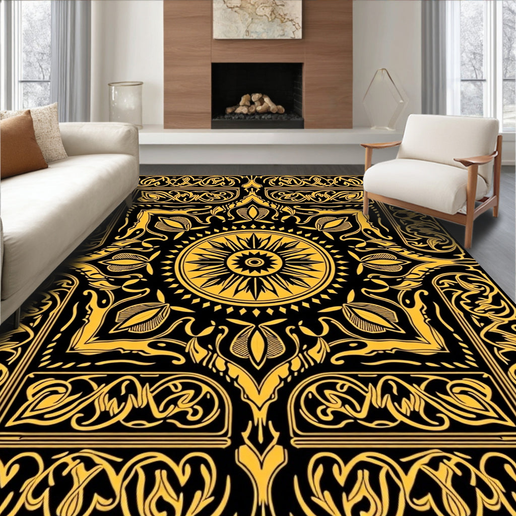 Golden Floral Medallion Patterned Rug