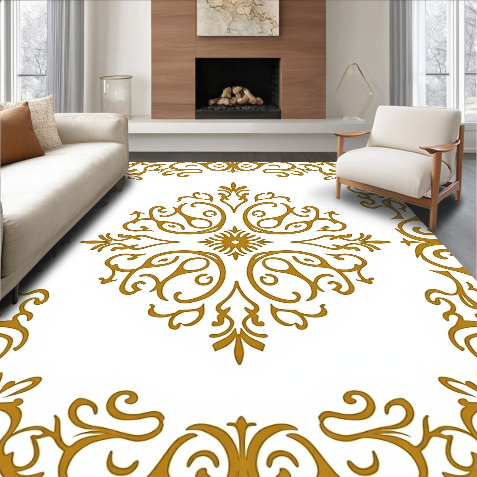 Gold Damask Floral Swirl Scroll Art Rug