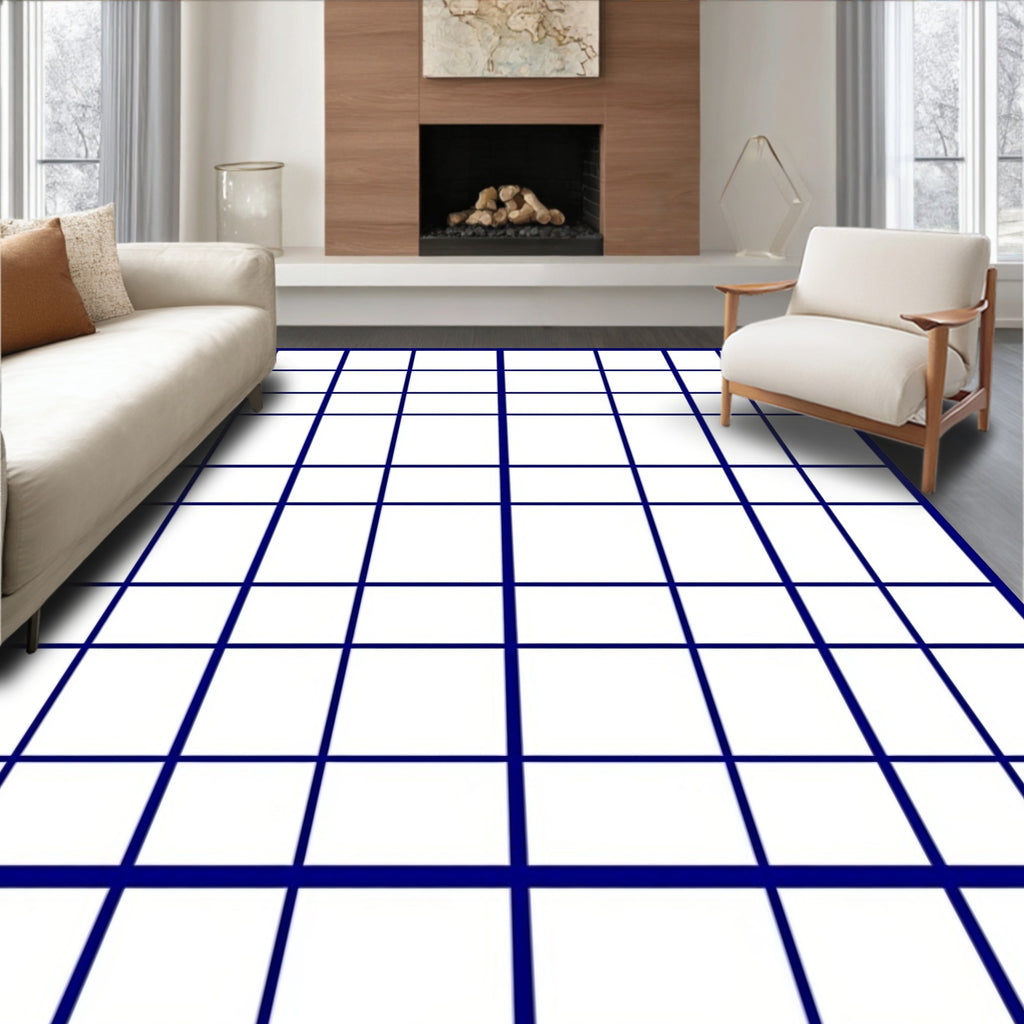 Modern Blue Grid Pattern Rug