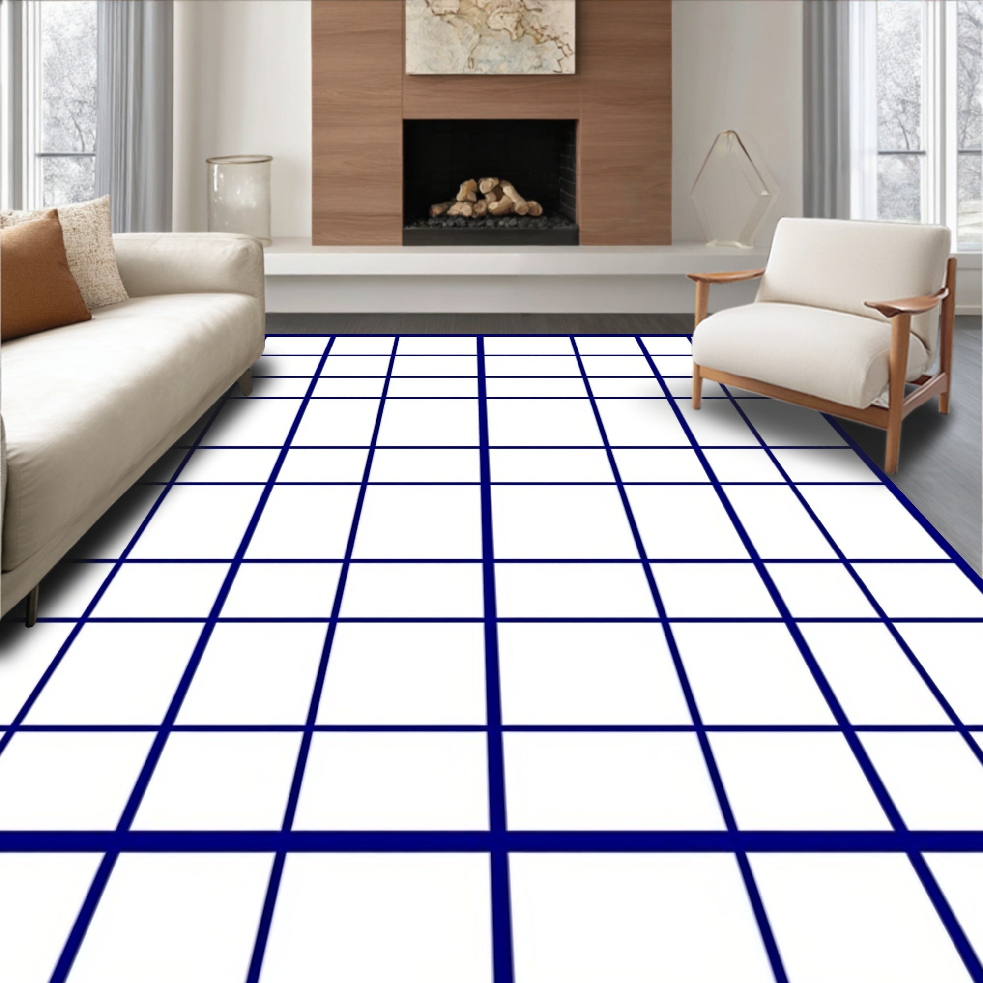 Modern Blue Grid Pattern Rug
