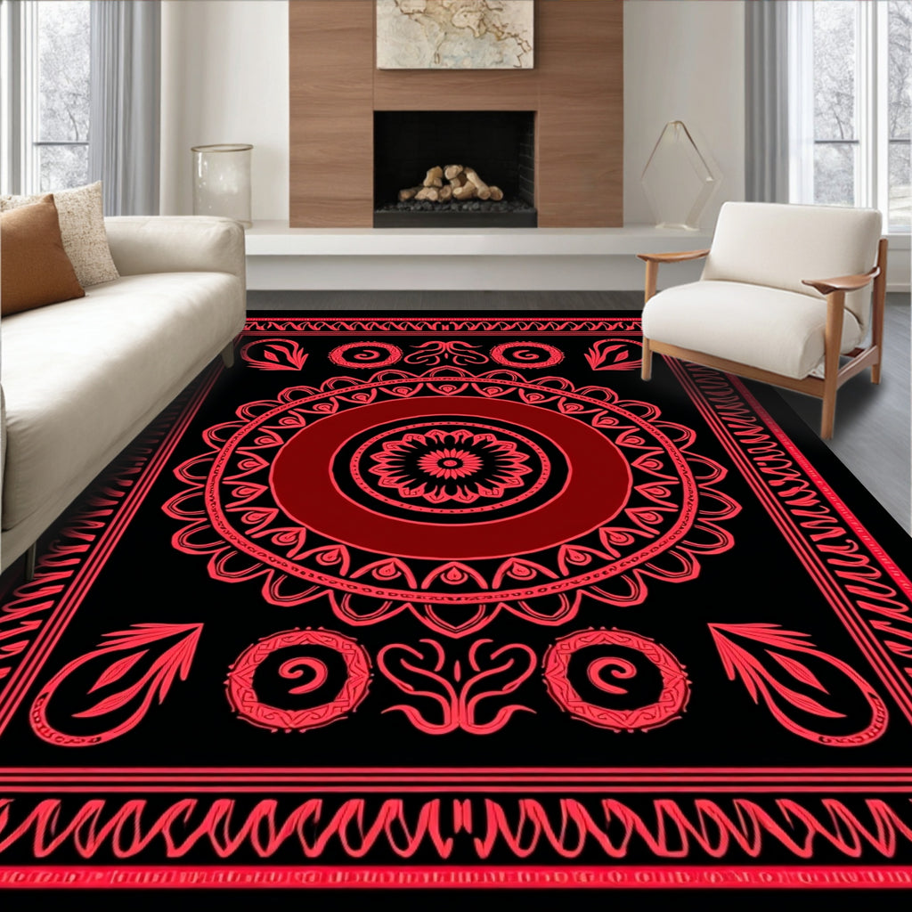 Bold Red Floral Mandala Bordered Design Rug