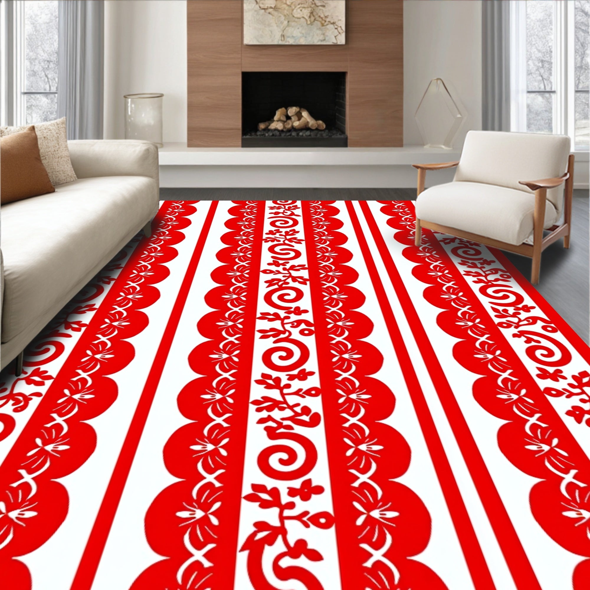 Bold Red Floral Scroll Stripe Rug