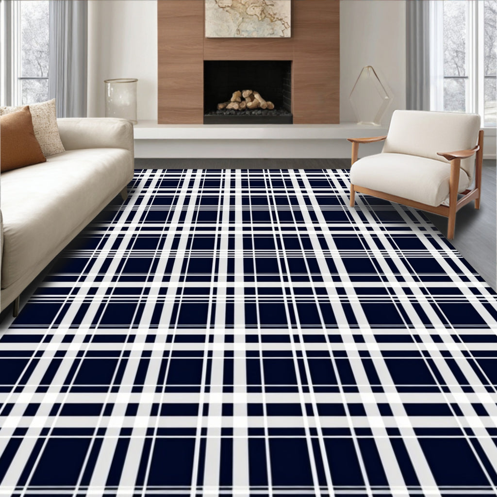 Classic White Navy Plaid Pattern Rug