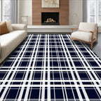 Classic White Navy Plaid Pattern Rug