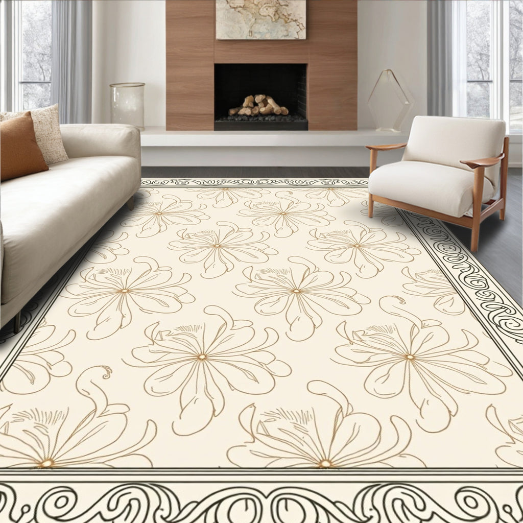 Elegant Floral Bordered Cream Rug
