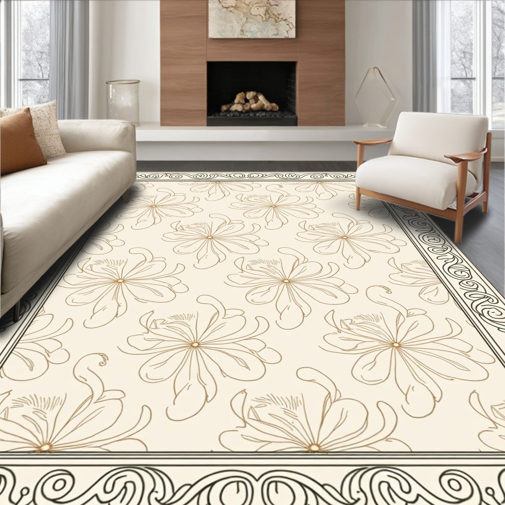 Elegant Floral Bordered Cream Rug