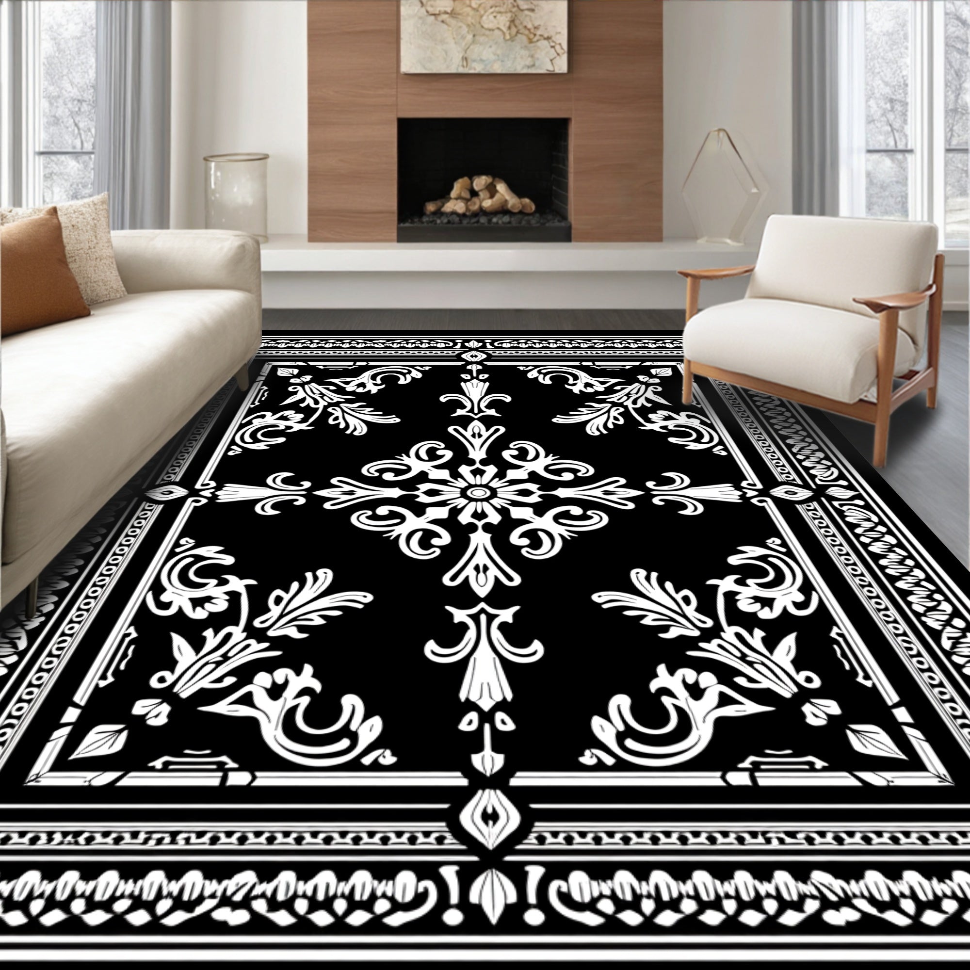 Classic Black White Floral Scroll Pattern Rug