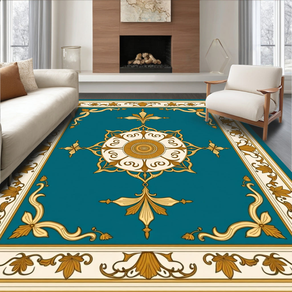 Ornate Teal Gold Floral Border Rug