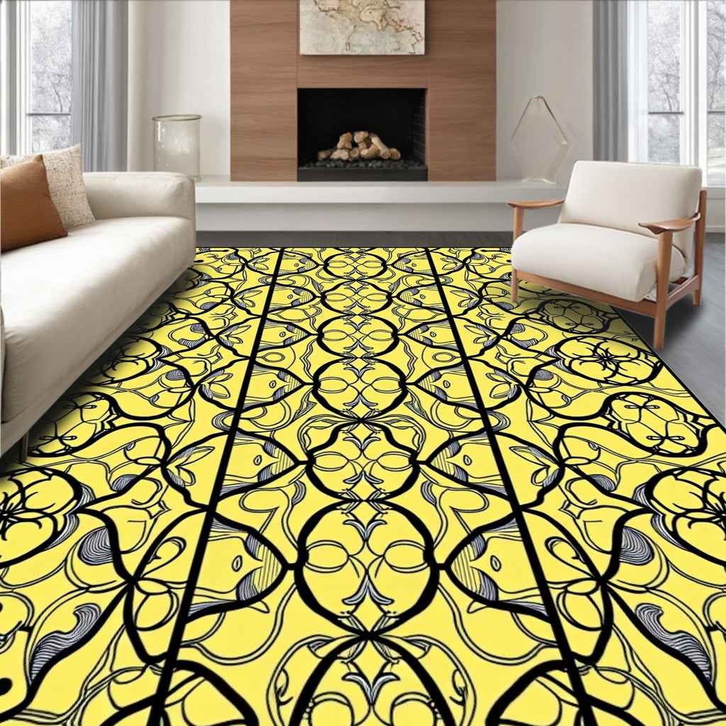 Bold Black Swirls on Yellow Background Rug