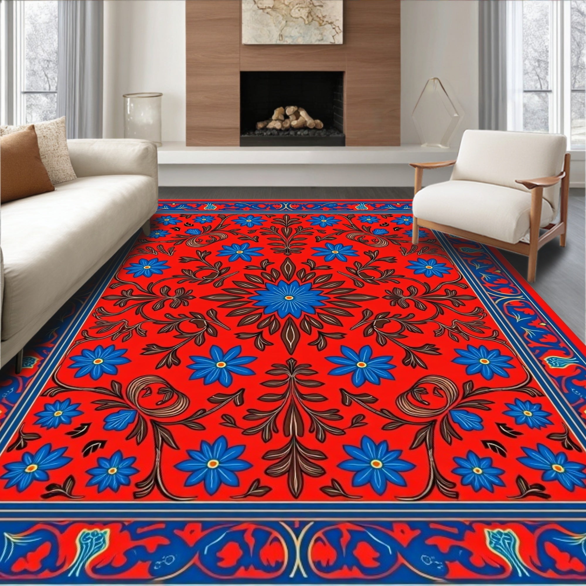 Red Floral Arabesque Patterned Rug