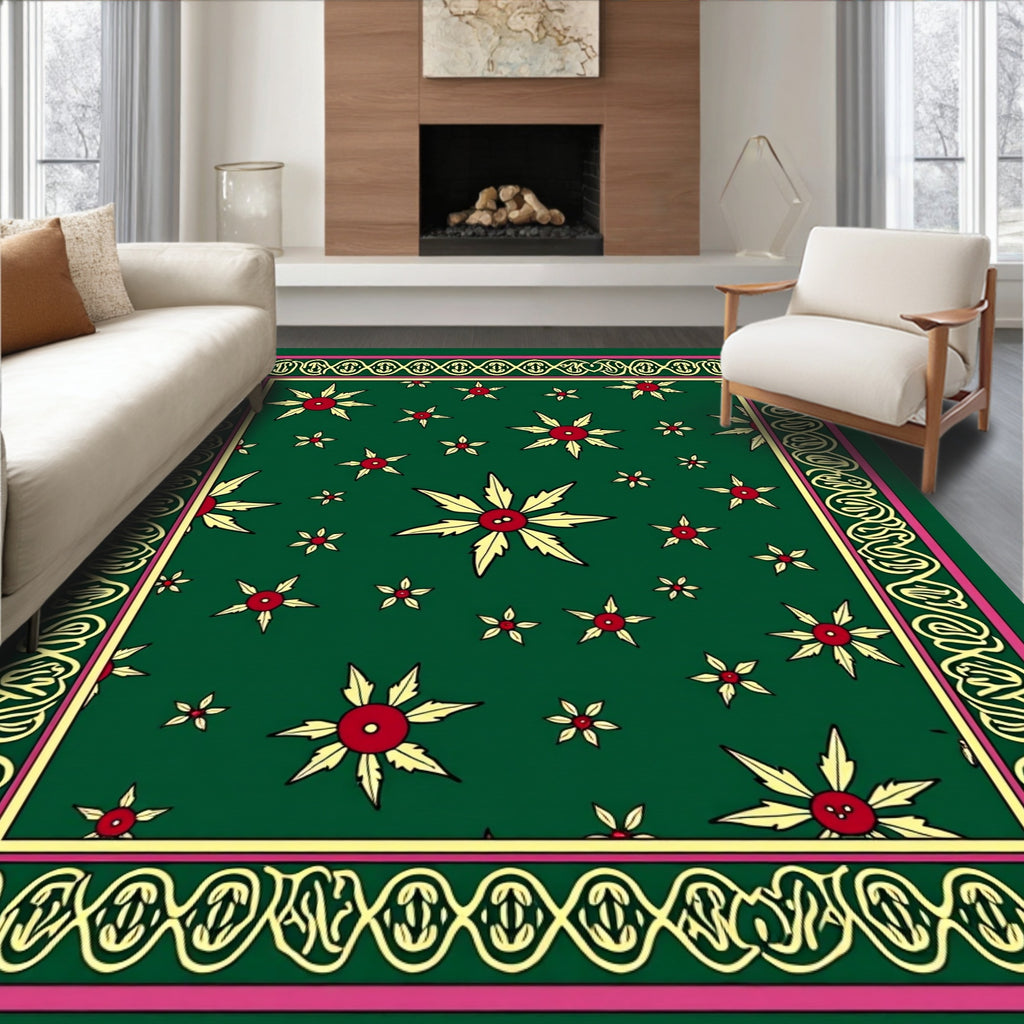 Crimson Gold Floral Medallion Green Rug