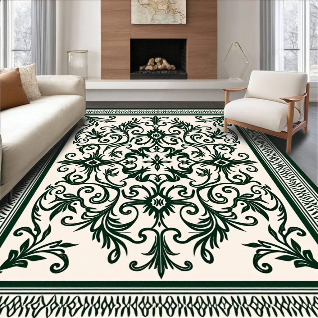 Ornate Scrollwork Bordered Floral Pattern Rug