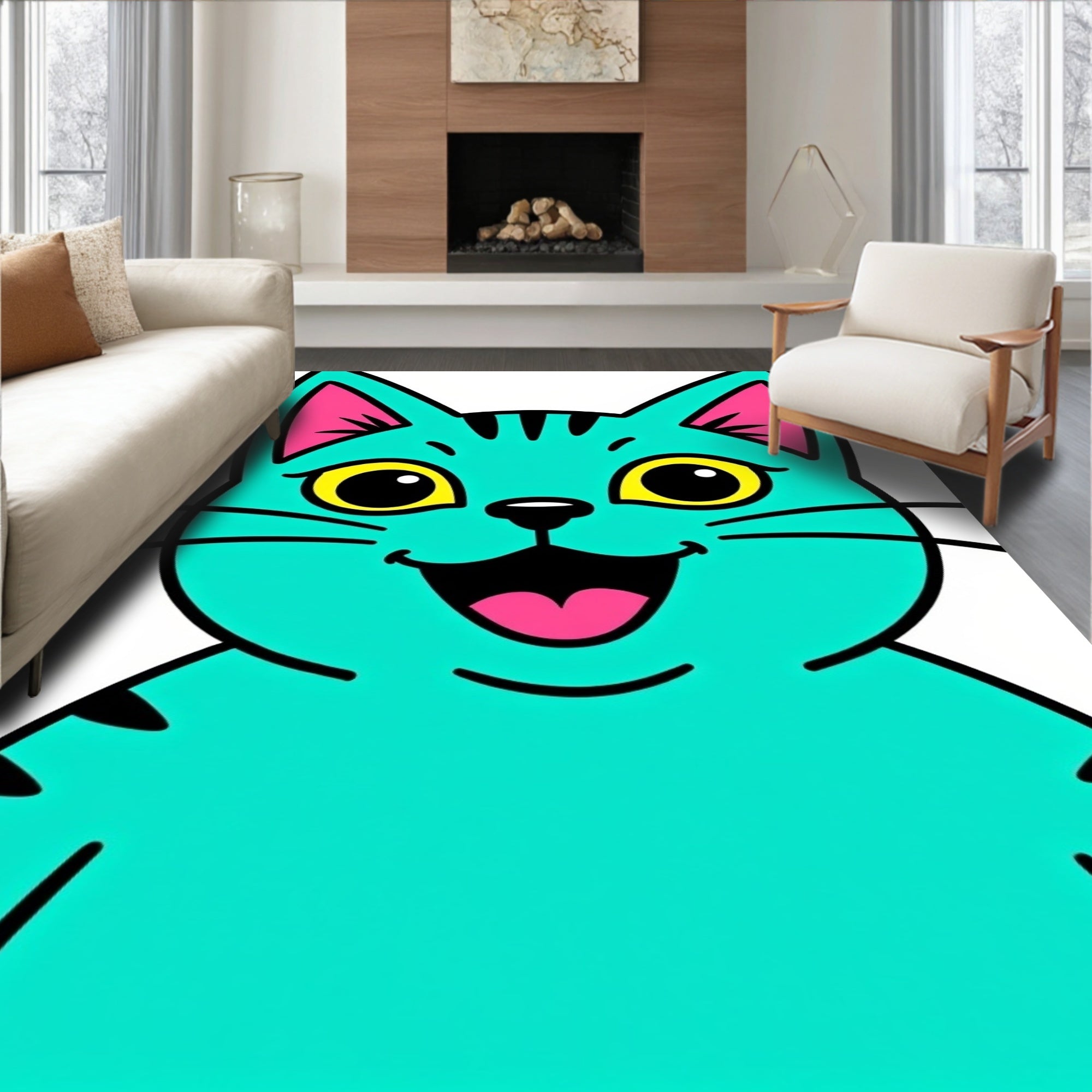 Whimsical Teal Cat Character Rug