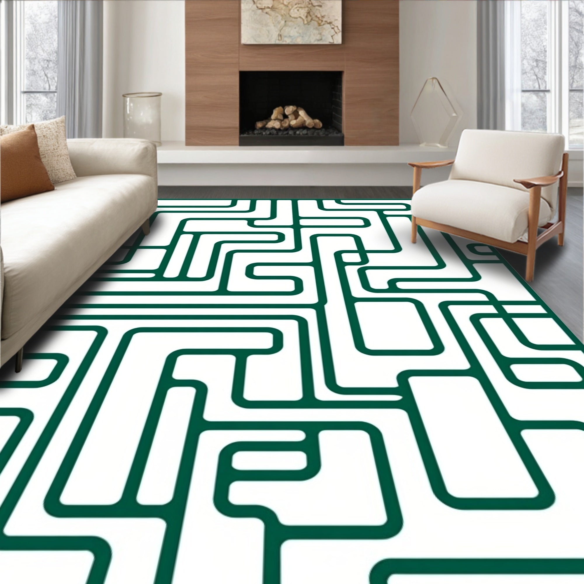Minimalist Green Geometric Labyrinth Rug