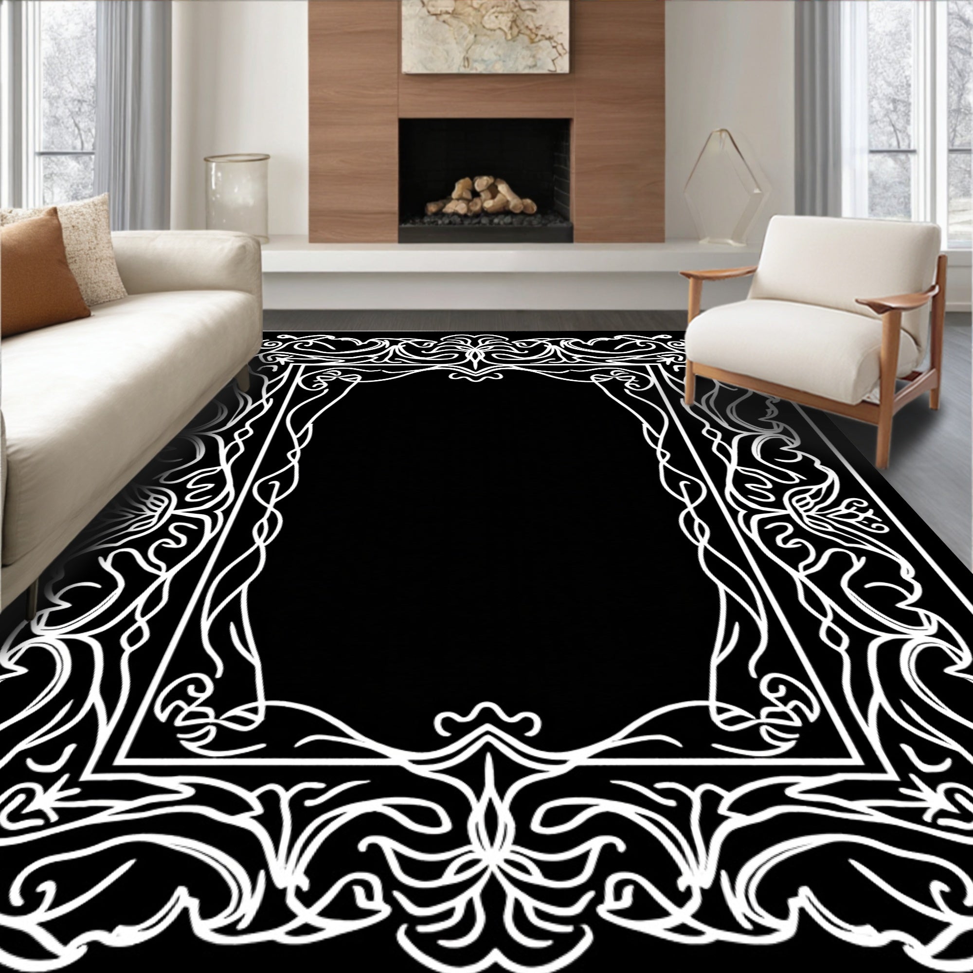 Ornate Flourish White Border Design Rug