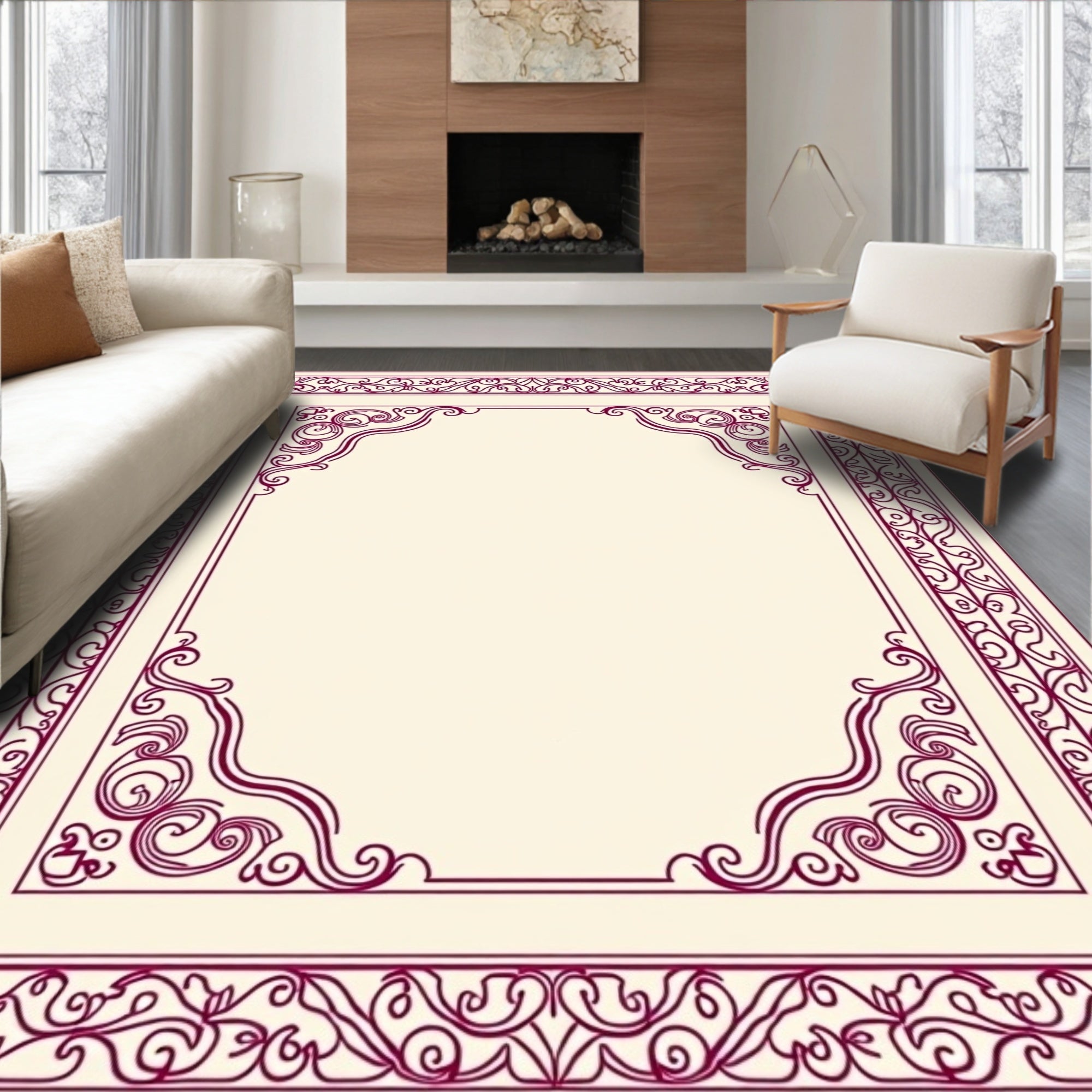 Ornate Scrollwork Border Design Rug
