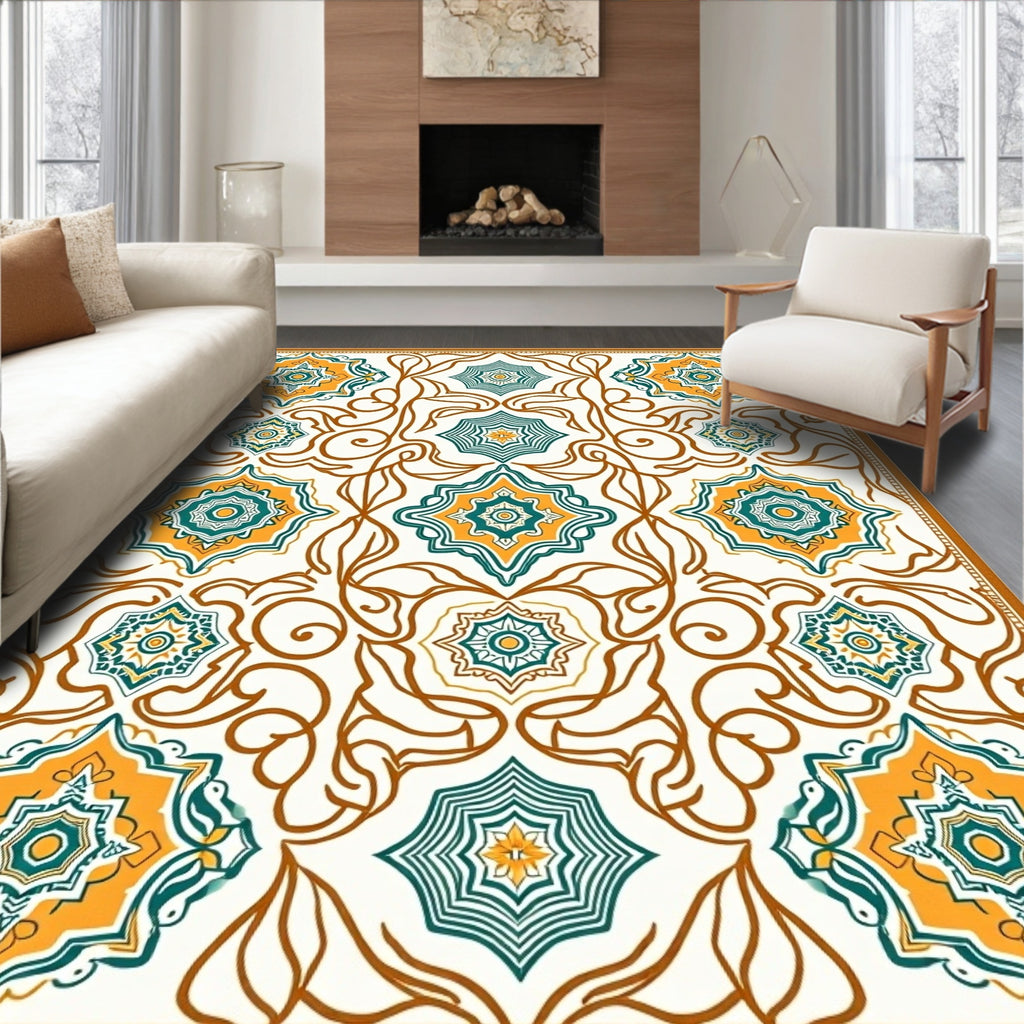 Orange Teal Starburst Floral Vines Rug