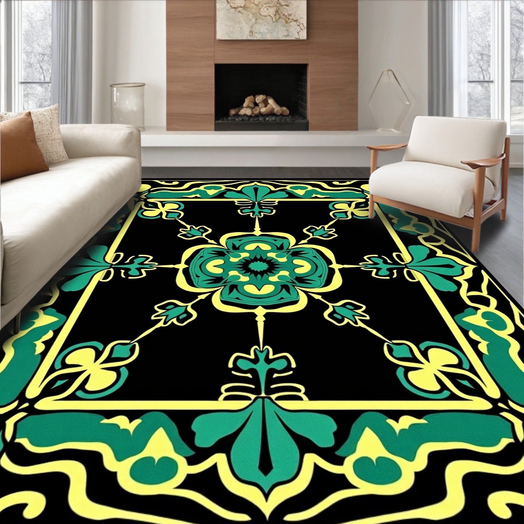 Bold Teal Yellow Floral Frame Rug
