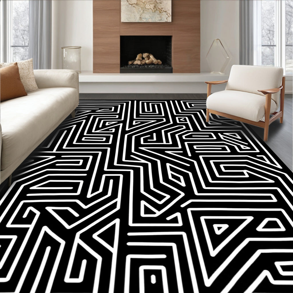Geometric Labyrinth Black White Pattern Rug