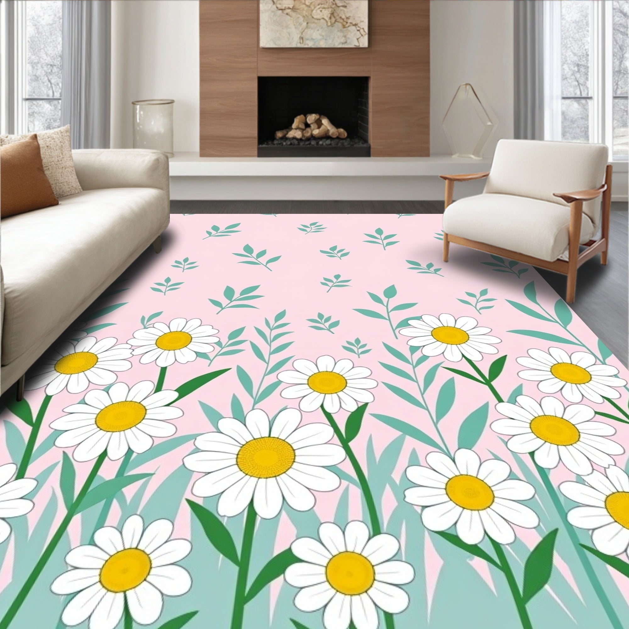 Daisies with Green Leaves Pattern Rug