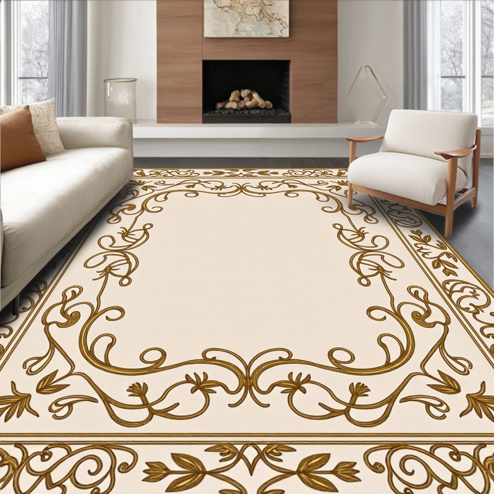 Golden Vine Ornate Border Design Rug