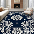 Navy Ivory Floral Star Pattern Rug