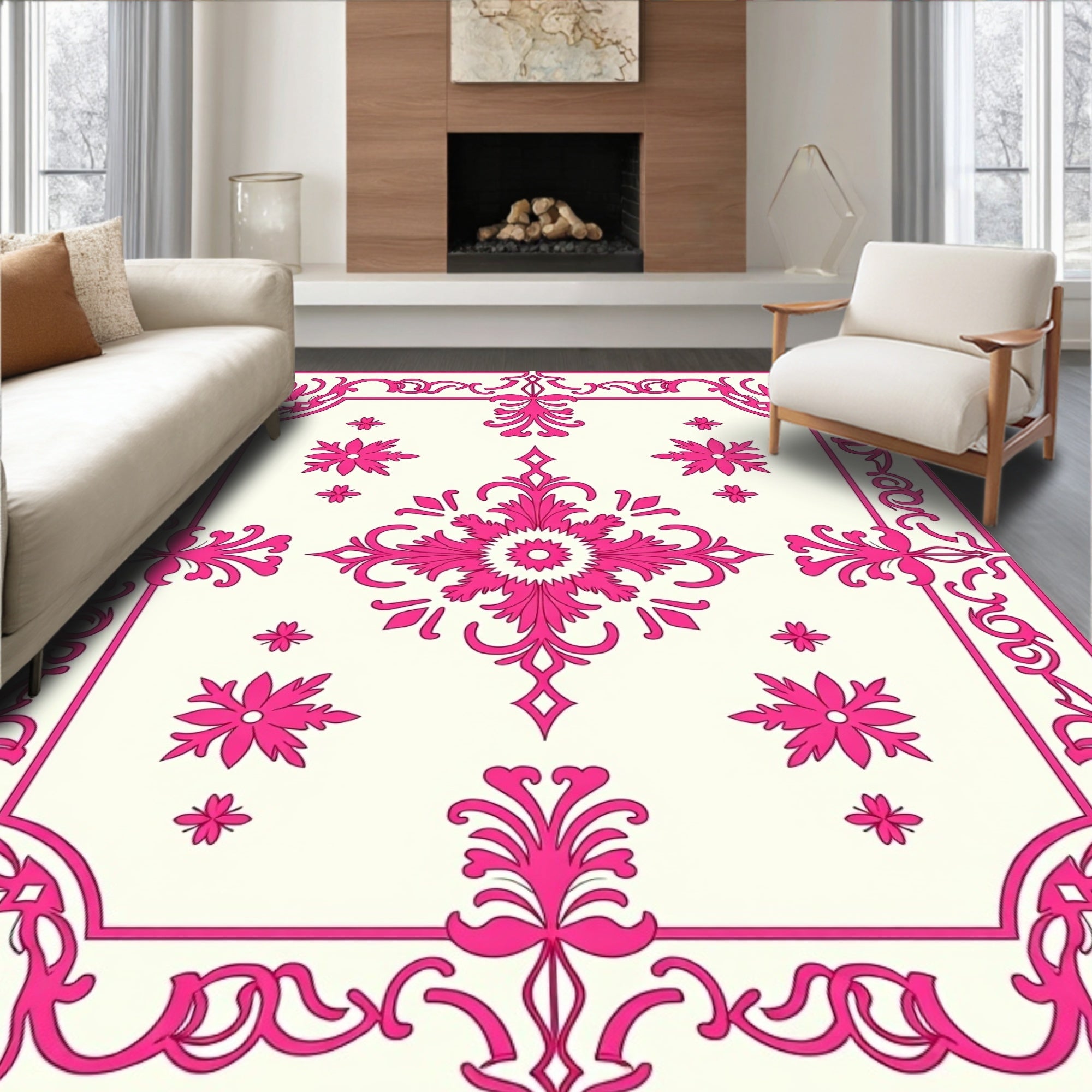 Elegant Pink Floral Ornamental Design Rug