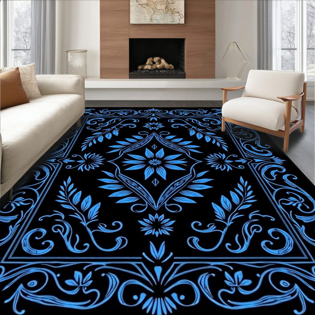 Vintage Blue Floral Frame Pattern Rug
