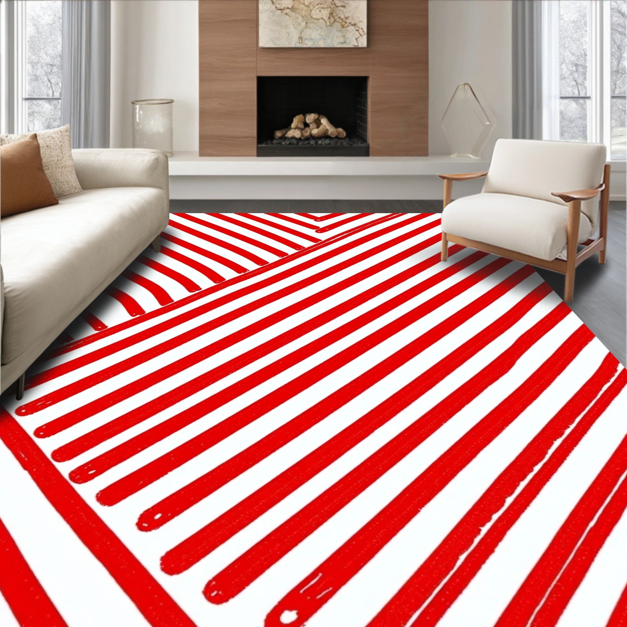 Red White Striped Diagonal Art Rug