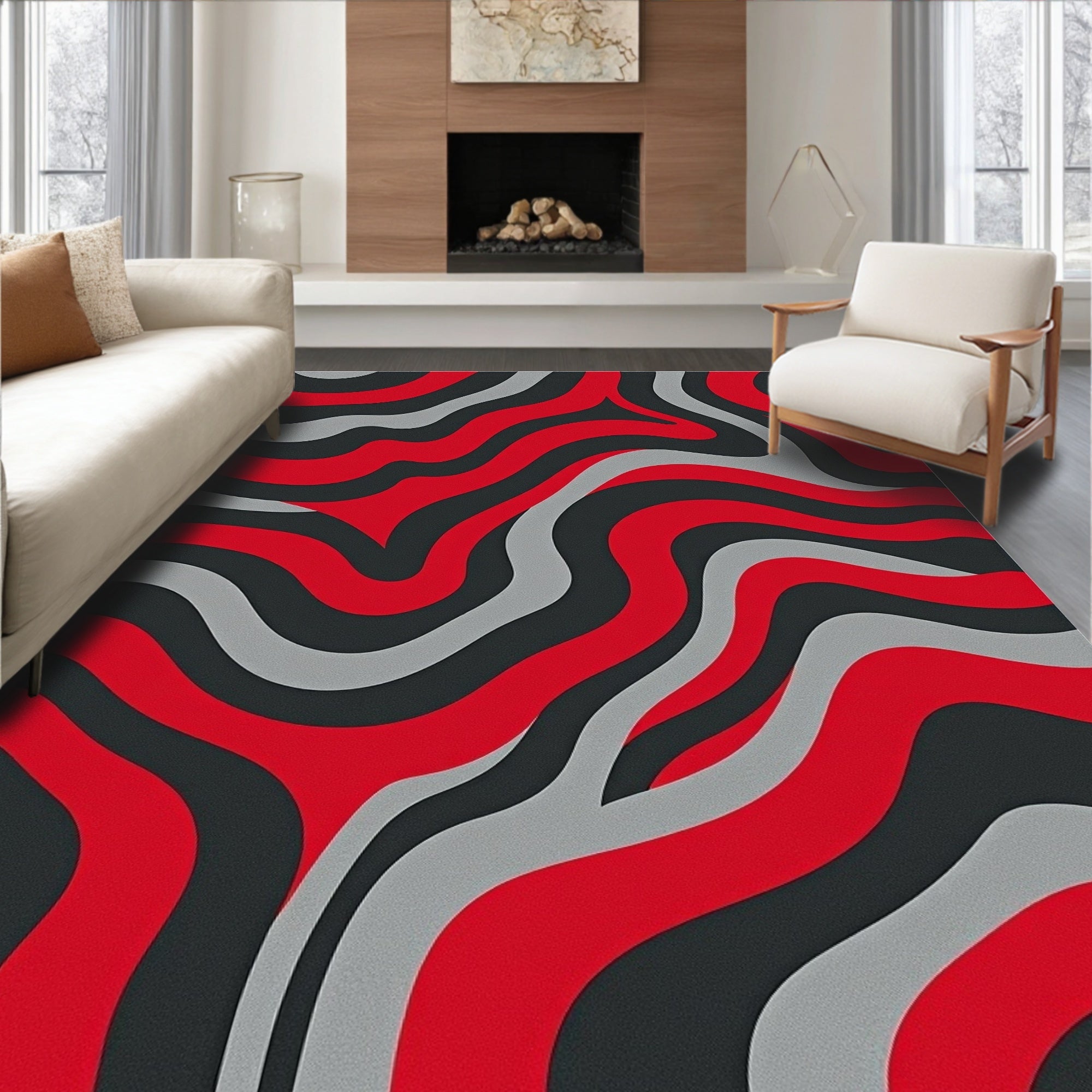 Abstract Red Gray Swirl Pattern Rug