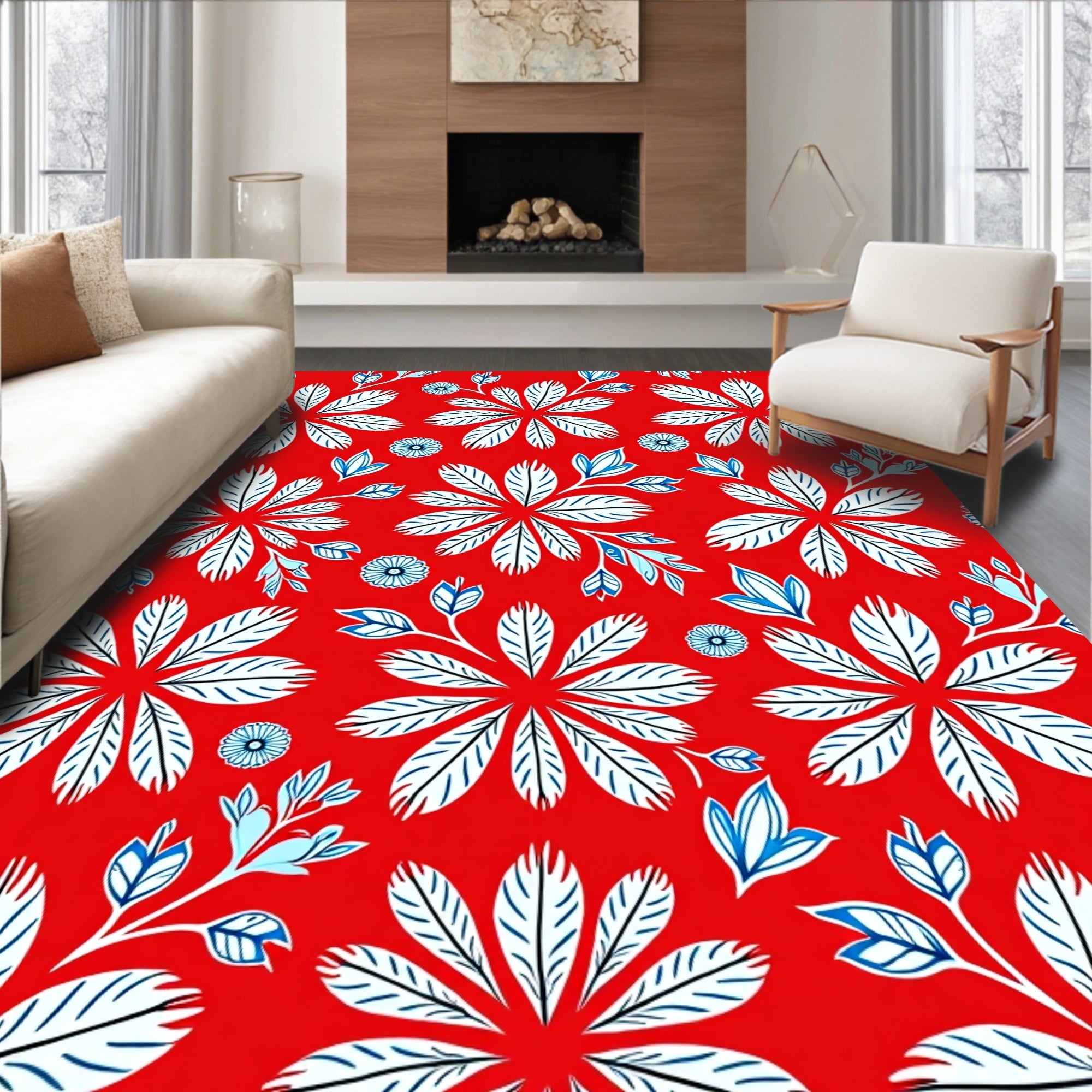 Red White Blue Floral Patterned Design Rug